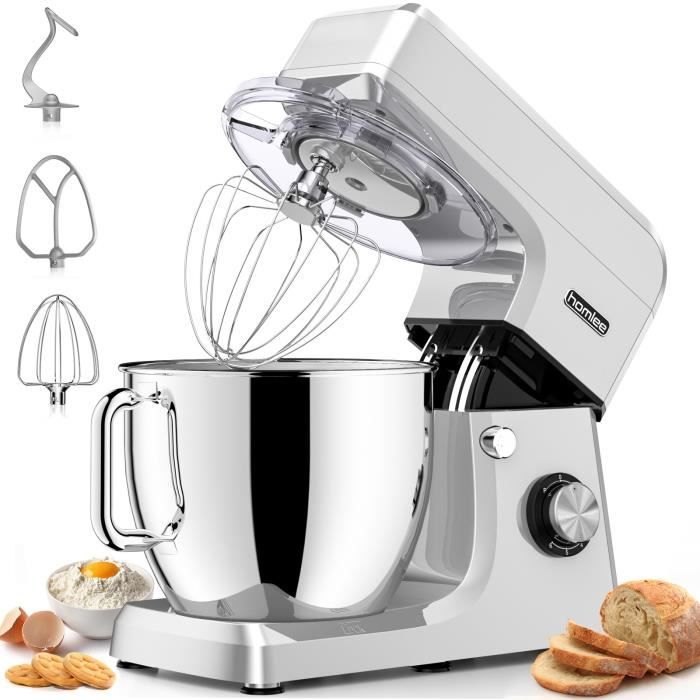 Homlee Robot patissier 1800W, SM-1511A Robot Multifonctions - 6 vitesses & Pulse - Bol 6.5 L - Argent - robot petrisseur