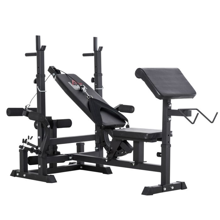 Banc de musculation multifonction réglable - pupitre biceps, repose barre curl, poignées Dips, module extension bras jambes