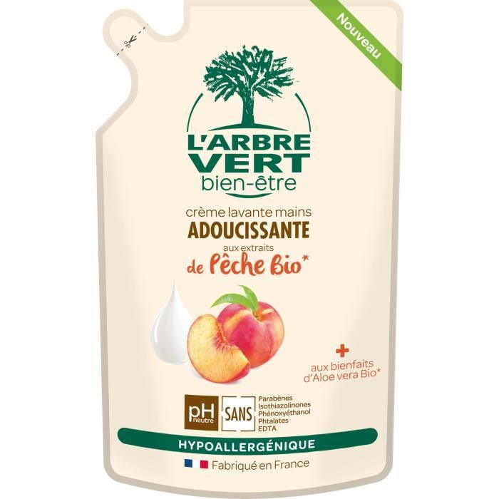 L'Arbre Vert Bien-être Recharge Crème Lavant Mains Pêche Bio aux Bienfaits d'Aloé Vera Bio/Extraits de Pêche Bio 300 ml