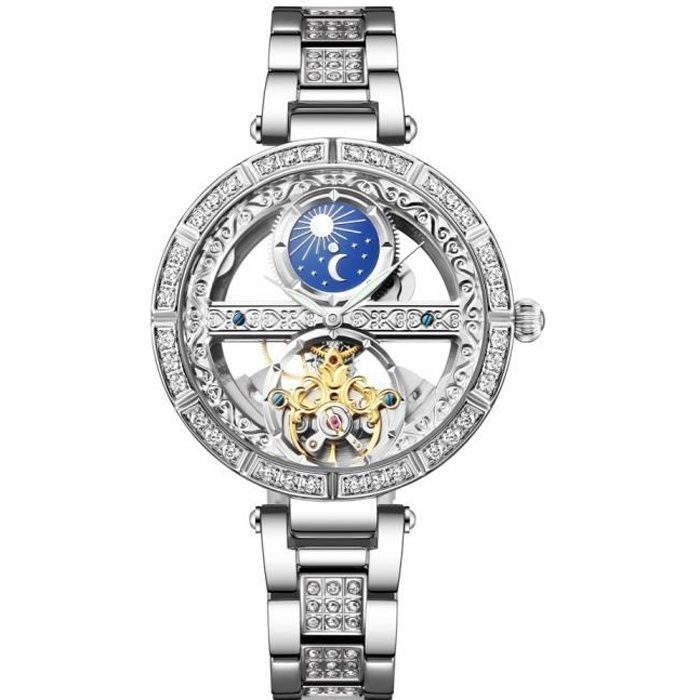 Montre Femme Mécanique Automatique Montres Bracelet Dames Acier Remontoir Évider Étanche Afficher phase de soleil et lune