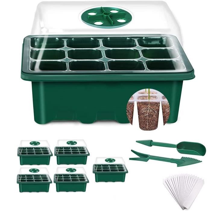 Lot de 5 Plateaux de Germination à 12 cellules Serre Interieur Bac Culture avec Couvercle