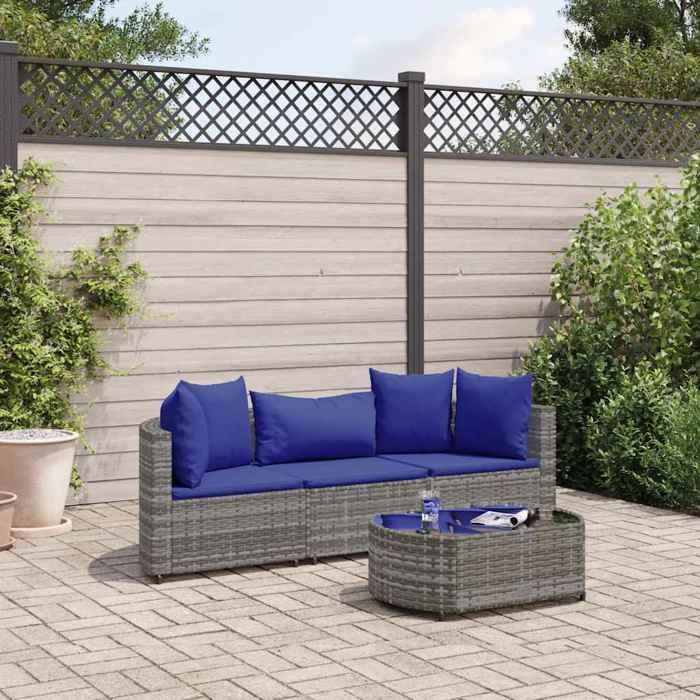 vidaXL Salon de jardin 4 pcs avec coussins gris résine tressée ensemble de canapés dextérieur canapé dangle de jardin 3308367