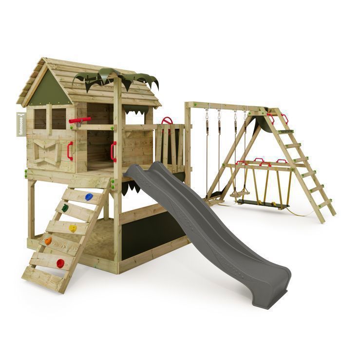 Tour de jeux bois FATMOOSE TikaTaka Town XXL avec toboggan 220 cm anthracite bac à sable et SurfSwing – 10 ans de garantie*