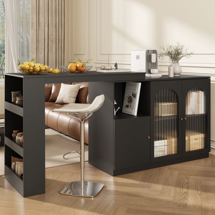 Table Haute Bar Extensible Pivotant à 360°- 120x40x97cm - Table Haute avec Porte en Verre Noir - Moderne et Simple
