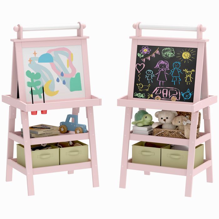 Tableau chevalet enfant AIYAPLAY 3 en 1 tableau blanc magnétique tableau à craie rouleau papier 2 paniers intégrés - 3-6 ans rose