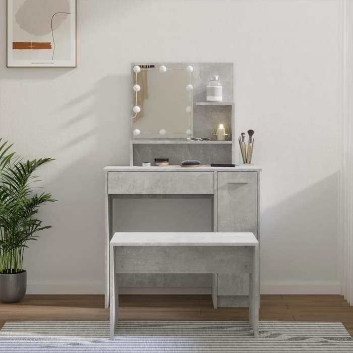 (Gris)Ensemble de Coiffeuse Maquillage avec LED Gris béton bois ingénierie 986453