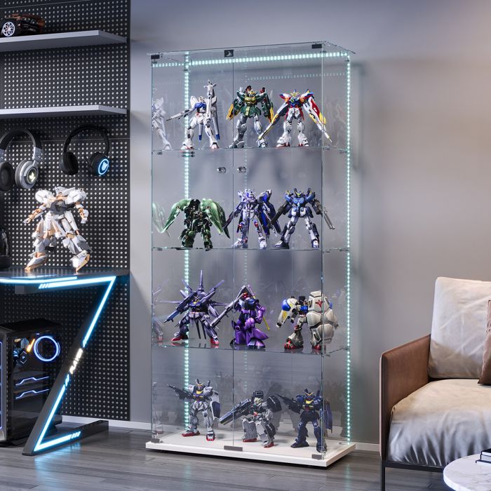 TIMORWTF vitrine en Verre avec Lumières LED, Armoire Moderne 3 Étagères, Porte, Murale pour Collection, Chambre, Salon et Salle à Manger, 123x40x35cm, Blanc