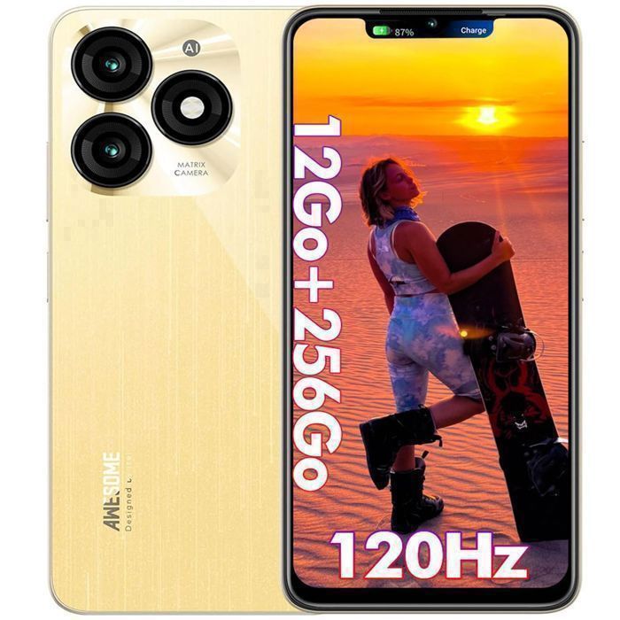 Smartphone A70 12GO+256GO Écran 6.6 120Hz Batterie 5000mAh 13MP Caméra Telephone Android 13 Telephone Portable Double SIM/NFC Or