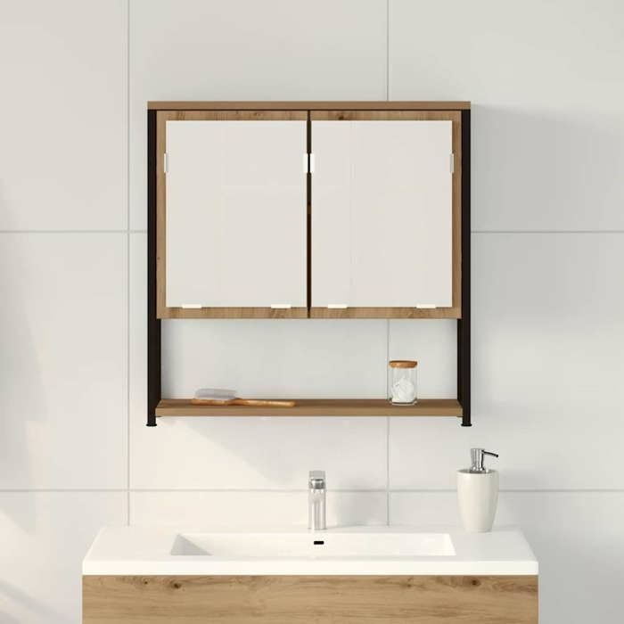 Armoire miroir avec étagères - WIENS - Chêne artisanal - 60x16x60 cm - Bois dingénierie - 2 portes en verre