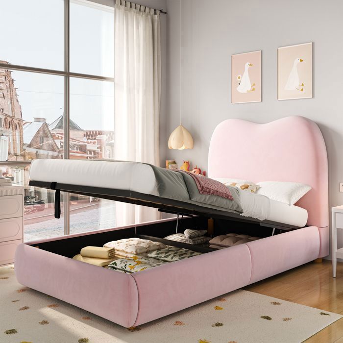 Lit Coffre - Becag - Lit Capitonné Simple 90x200cm - Lit Enfant Rembourré avec Rangement Hydraulique - Velours Rose