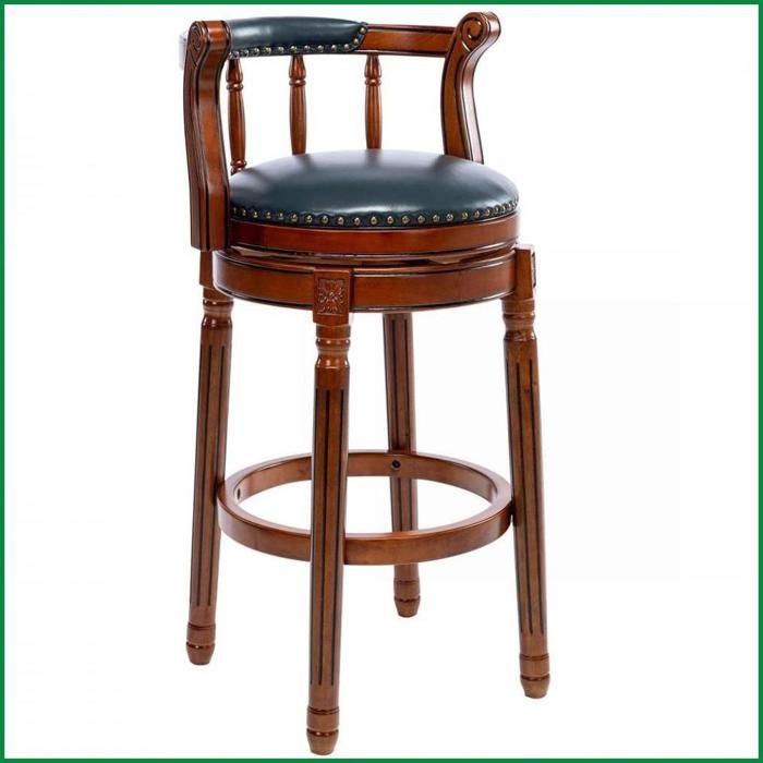 Tabouret de bar en cuir véritable et bois - 360° pivotant avec dossier - Hauteur bar - Bleu