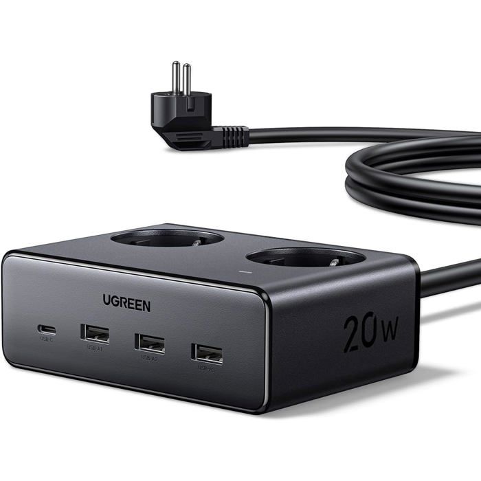 6 en 1 Multiprise Parafoudre et Surtension 3680W 2 Prise AC 4 USB avec Interrupteur Bloc Electrique USB C 20W Rallonge 1.3M