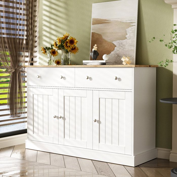 Buffet blanc et décor bois à relief 3 portes et 2 tiroirs