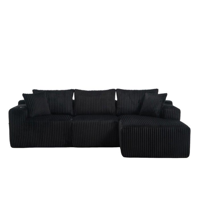 Canapé modulaire 3 places méridienne velours côtelé 5 coussins poches latérales porte-gobelets Noir 257x160x62cm Canapé modulaire 3 places méridienne velours côtelé 5 coussins poches latérales porte-gobelets Noir 257x160x62cm