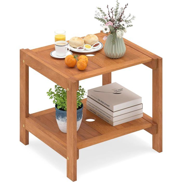 Table Basse de Jardin à 2 Niveaux COSTWAY en Bois d’Acacia Trou pour Parasol 4cm Plateau Carré à Lattes pour Intérieur Extérieur