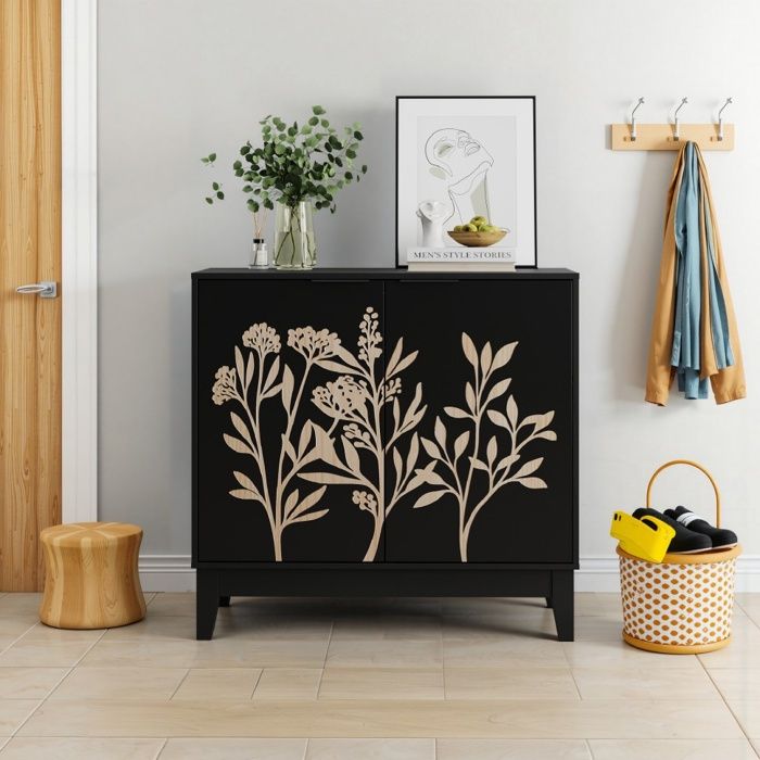 Buffet de Cuisine 80x38x76 cm - Sideboard Vintage avec Portes Sculptées et Étagère Réglable Meuble de Rangement - Noir