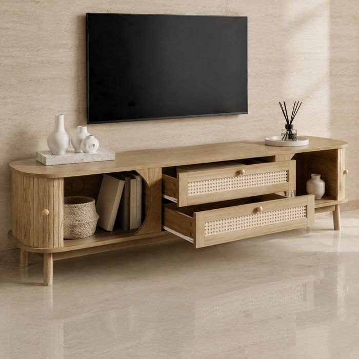 Meuble TV rangement portes et tiroirs en bois naturel - TCQPZ - détails rotin style campagne 170 × 395 × 46 cm