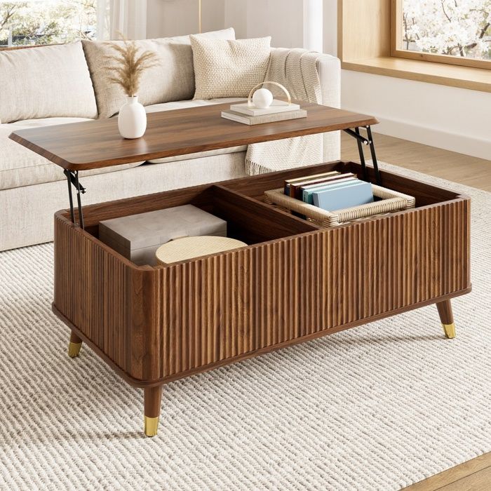 Table Basse Relevable Modern Retro - 97x52x56.5cm - Plateau Relevable et Texture Ondulée - Noyer