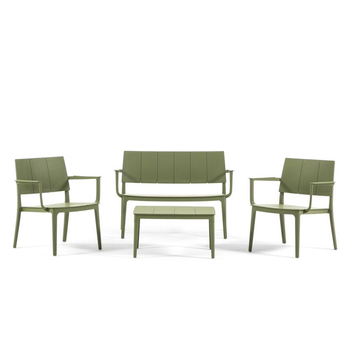 Salon de jardin détente 4 places canapé 2 fauteuils table basse en polypropylène effet lattes empilable Merano - Vert
