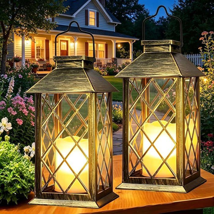 Lanterne Solaire Exterieur 2 Pièces 35cm Grande Lampe Solaire Jardin avec Bougie Verre Trempé Lampe de 2 Pièces Bronze
