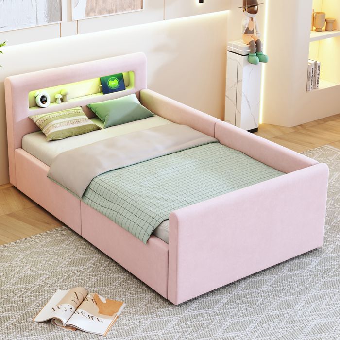 Lit enfant rembourré - KOMHTOM - 90x200 - Velours rose - Coffre hydraulique - LED veilleuse Lit enfant rembourré - KOMHTOM - 90x200 - Velours rose - Coffre hydraulique - LED veilleuse