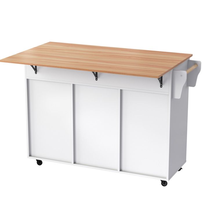 Îlot central de cuisine – blanc et aspect bois – plateau rabattable – 2 tiroirs – roulettes avec frein