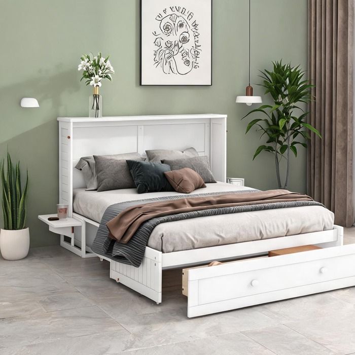 Lit escamotable 140x200 cm en pin blanc avec rangement bibliothèque et tiroir