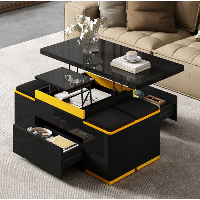 Table basse relevable pliante EVRYAE 100 x 50 x 43 cm avec rangement et 4 tabourets noir et jaune