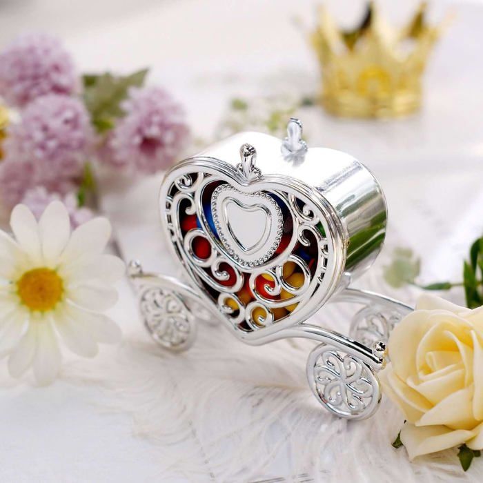 Boîte à dragées carrosse cœur argenté 10 cm lot de 12 contenant à bonbons pour mariage et fête##