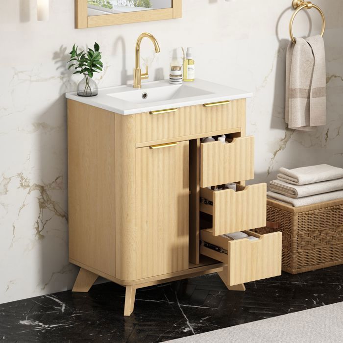 Meuble Sous Vasque 61 cm - Vasque Céramique Effet Bois Rainuré - 3 Tiroirs et Porte Coulissante Meuble Sous Vasque 61 cm - Vasque Céramique Effet Bois Rainuré - 3 Tiroirs et Porte Coulissante