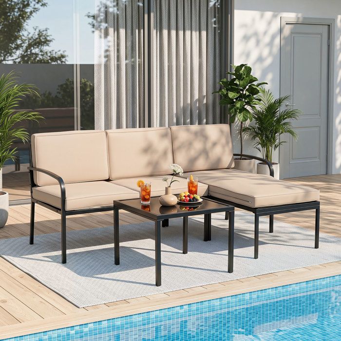 Ensemble 3PCS Table et Chaises de Jardin COSTWAY Coussins Amovibles Lavables Table Basse en Verre Canapé dAngle Modulable Kaki