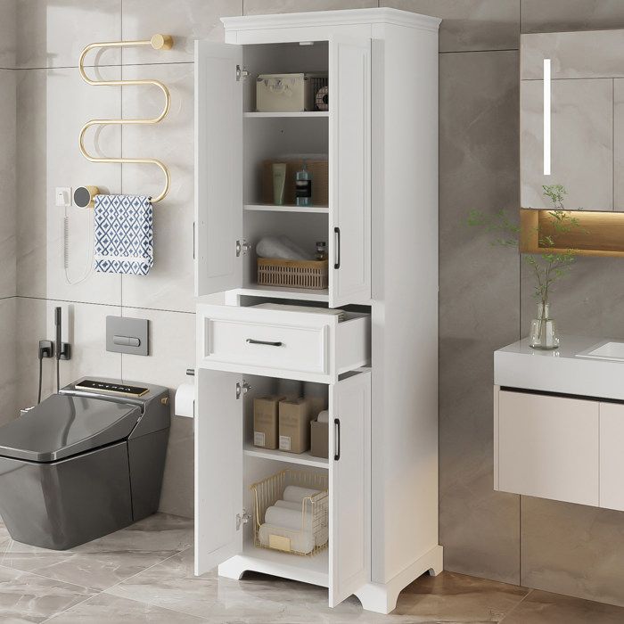 MEULVA Colonne de salle de bain 60 x 40 x 180 cm en MDF blanc laqué avec 1 tiroir 4 portes et étagères réglables