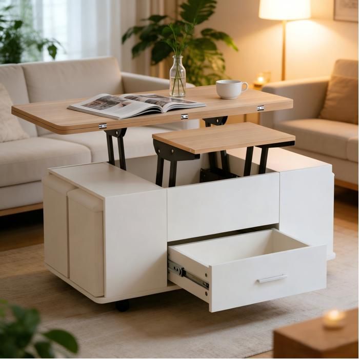 WOVREO Table basse relevable 4 en 1 100 x 50 cm extensible avec 4 tabourets tiroir roulettes blanc et bois naturel