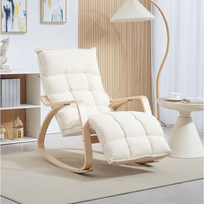 Rocking-chair Fauteuil Relax avec Repose-Pieds Réglable 5 Positions - ELVMI - Dossier Haut Polyester Blanc Crème