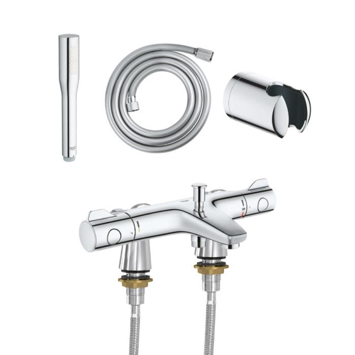 Mitigeur baignoire thermostatique GROHE Precision Trend avec colonnettes Idro'Flex + Douchette 1 jet + Flexible + Support - vue 1