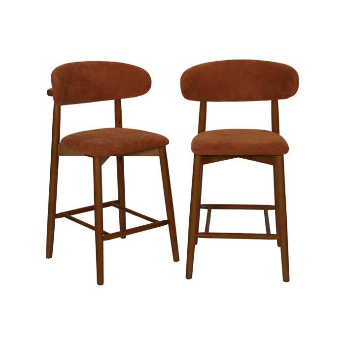 Lot de 2 tabourets de bar en bois dhévéa noyer et tissu chenille terracotta - Paola Lot de 2 tabourets de bar en bois dhévéa noyer et tissu chenille terracotta - Paola