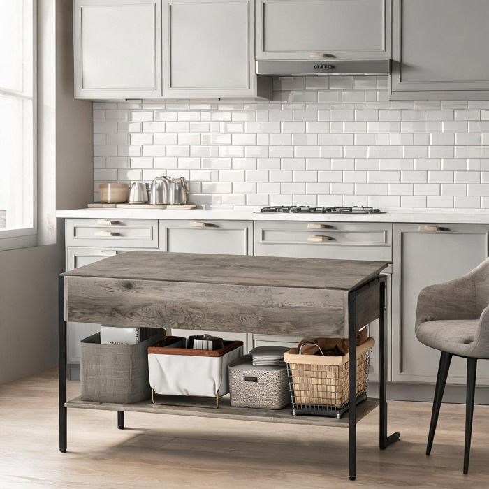 Table basse relevable en MDF gris avec compartiment caché et étagère ouverte 95 x 40 cm style industriel