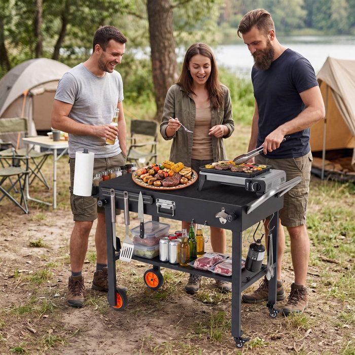 Mobilité et rangement chariot pliable pour plancha avec roulettes verrouillables compatible 17/22 pouces
