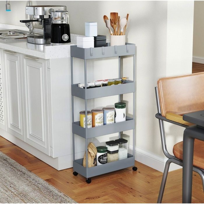 VUENOR Desserte de cuisine étroite 4 niveaux gris 40 x 19 x 90 cm – roulettes et 4 crochets amovibles