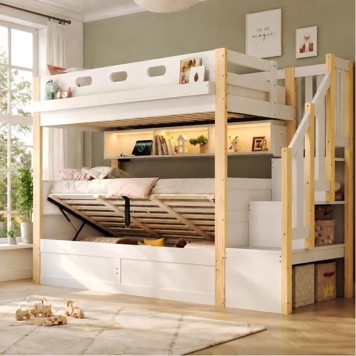 COVREO Lit superposé enfant 90 x 200 cm coffre hydraulique escalier rangement LED USB blanc et bois naturel