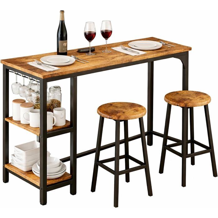 Ensemble Table de Bar Bliss Home 3 pièces avec 2 tabourets Rétro avec étagères et porte-verres