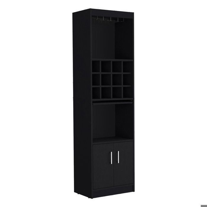 Meuble bar Kevil de 181 cm avec porte-verres casier à bouteilles et plateau coulissant wengé