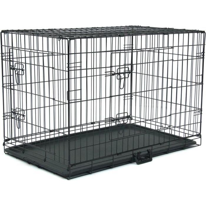 Comparer les prix de Cage pour chat et chien à double porte avec séparateur et plateau en plastique, pliable, noir - 92.5×57.5×64CM