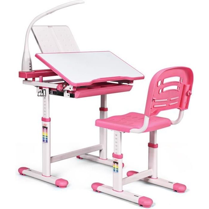 HOMCOM Bureau enfant avec chaise - ensemble bureau et chaise réglable -  lampe, support de lecture, tablette coulissante