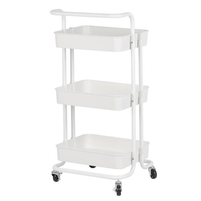 Blanc Chariot de Service Desserte Chariot de Cuisine avec Panier de Rangement à 3 Tablettes 43*36*86cm