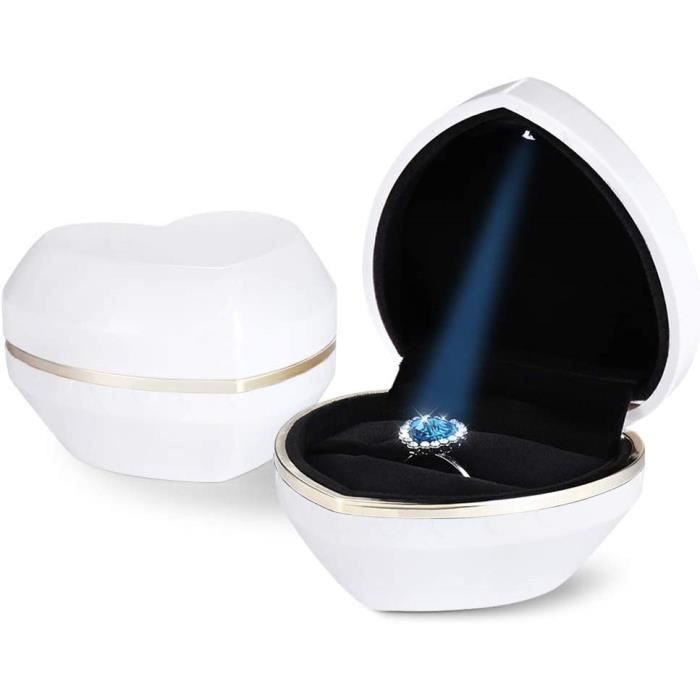 Boîte à Bague Avec Lumière LED Automatique - Écrin Velours Blanc, 5.8x6.3x5 Cm, Pour Proposition, Fiançailles, Cadeau