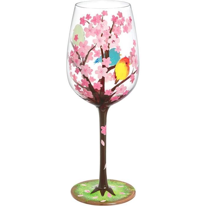 Verre à Vin 42cl NymphFable Peint Main Fleur De Cerisier - Cadeau Femme Original