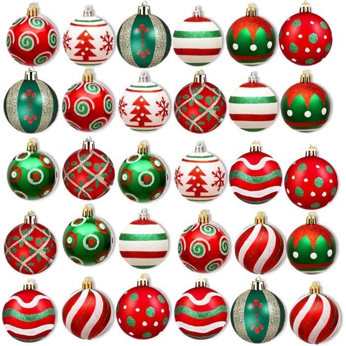 Lot de 30 boules de Noël rouges et vertes 60 mm en plastique avec 