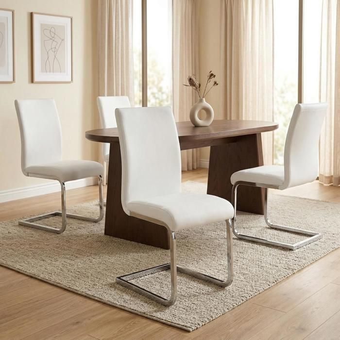 Lot de 4 chaises de salle à manger LETICIA piètement chromé et revêtement synthétique blanc Lot de 4 chaises de salle à manger LETICIA piètement chromé et revêtement synthétique blanc