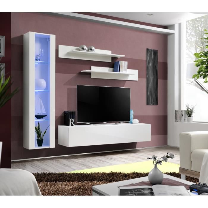 PRICE FACTORY - Meuble TV FLY G2 design, coloris blanc brillant. Meuble suspendu moderne et tendance pour votre salon.